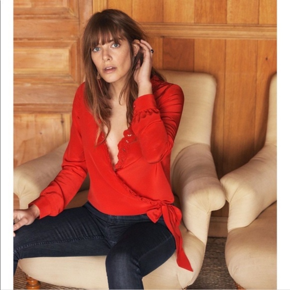 Sezane Elian Silk Wrap Around Red Blouse